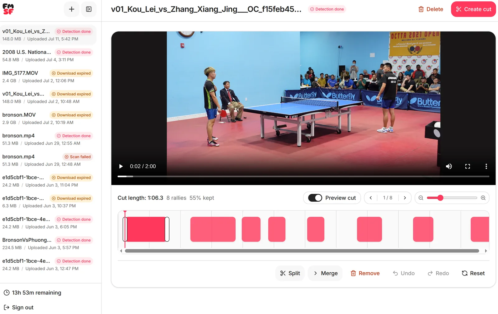 Full Match Short Form editor showing cut-only playback, eight detected clips, timeline controls, split, merge, remove, undo, and redo